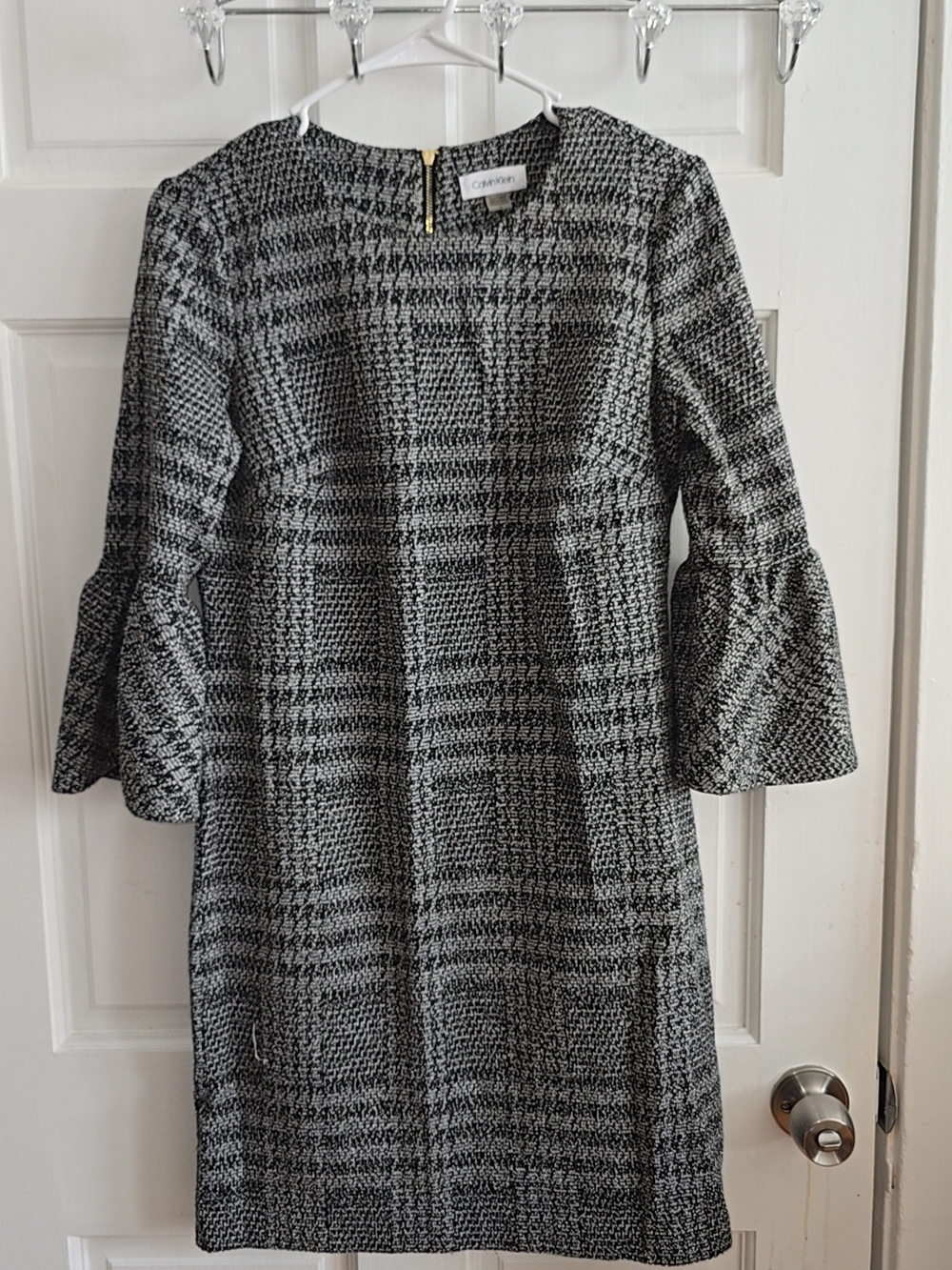 Calvin Klein Black & White Glen Plaid Bell Sleeve Midi Dress